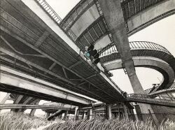 bridge chain-link_fence commentary_request crosshatching fence grass greyscale hatching_(texture) highres ibsukionsen lamppost monochrome original overpass pedestrian_bridge railing scenery tall_grass traffic_light 