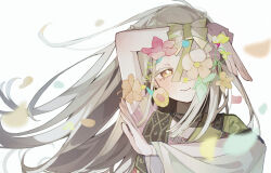  1girl absurdres asymmetrical_sleeves blonde_hair blurry blurry_background blurry_foreground brown_flower brown_jacket closed_mouth colored_eyelashes commentary_request falling_petals floating_hair flower gakuen_idolmaster hands_up highres hirominomusi idolmaster jacket jewelry long_hair long_sleeves looking_at_viewer me_(idolmaster) necklace orange_eyes petals red_flower shinosawa_hiro simple_background smile solo twitter_username upper_body white_background wide_sleeves wrist_cuffs yellow_flower yellow_wrist_cuffs 