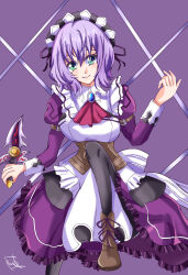  1girl anne_sophia apron artist_name ascot black_pantyhose blue_gem boots breasts brooch brown_boots brown_corset closed_mouth combat_knife commentary_request corset cowboy_shot double-parted_bangs dress eiyuu_densetsu frilled_dress frills gem green_eyes hair_between_eyes hand_up head_tilt highres holding holding_knife holding_weapon jewelry juliet_sleeves knife lace-up_boots large_breasts leather leather_boots leg_up long_sleeves looking_at_viewer maid maid_headdress medium_dress medium_hair pantyhose puffy_sleeves purple_background purple_dress purple_hair red_ascot reverse_grip sen_no_kiseki_(series) sen_no_kiseki_i sharon_kreuger signature simple_background smile solo weapon white_apron 
