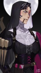  1girl 8bitkoiart absurdres black_background blue_eyes burn_scar chest_harness cigar cross deadlock_(game) full_moon genderswap genderswap_(mtf) grey_hair harness highres looking_at_viewer mature_female moon nun nun_headdress scar serious signature stake venator_(deadlock) 