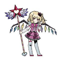  1girl ba_yun_qi blonde_hair chinese_commentary commentary_request crystal_wings e.g.o_(project_moon) flandre_scarlet hand_up holding holding_wand in_the_name_of_love_and_hate_(e.g.o) layered_skirt limbus_company lobotomy_corporation_(identity)_(project_moon) long_sleeves parody pink_skirt pink_vest pleated_skirt project_moon red_eyes shirt side_ponytail simple_background skirt solo style_parody touhou v vest wand white_background white_shirt wings 