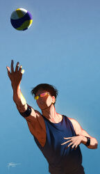  1boy 2022 armpits ball black_hair blue_sky blue_tank_top collarbone haikyuu!! highres kageyama_tobio littleskrib male_focus parted_lips sideburns signature sky solo tank_top teeth upper_body volleyball_(object) 
