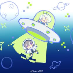  2girls absurdres antennae bang_dream! bang_dream!_it's_mygo!!!!! blue_eyes brown_hair chibi closed_mouth commentary_request helmet highres hood hood_up jacket kaname_raana long_sleeves multiple_girls nomi_tongxue one_eye_closed open_mouth red_eyes short_hair smile space_helmet spacecraft spacesuit takamatsu_tomori ufo white_hair 