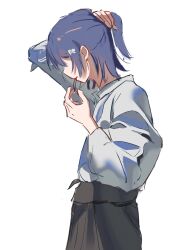  1girl absurdres bang_dream! bang_dream!_our_notes commentary grey_shirt hair_tie_in_mouth hamasaki_mahoro highres long_sleeves mouth_hold shirt simple_background sine_sinian solo tying_hair untranslatable_commentary white_background 