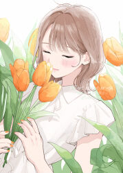  1girl blush brown_hair closed_eyes closed_mouth collared_shirt commentary_request flower highres holding holding_flower nail_polish nozawa_(nooo1709) orange_flower orange_tulip original pink_nails shirt short_sleeves smelling smelling_flower solo tulip white_shirt 