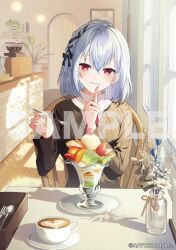  1girl black_cardigan black_ribbon bottle braid breasts cardigan chair closed_mouth coffee commentary company_name copyright_notice cup dappled_sunlight day finger_to_mouth flower food grey_hair hair_ribbon hakase_fuyuki hakase_fuyuki_(1st_costume) holding holding_spoon index_finger_raised indoors large_breasts long_sleeves looking_at_viewer medium_hair necktie nijisanji official_alternate_costume official_art on_chair parfait plant plate potted_plant red_eyes red_ribbon restaurant ribbon sample_watermark shirt shushing sidelighting sitting smile solo spoon sunlight table touka_moru04 virtual_youtuber voice_drama_available watermark white_shirt window 