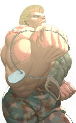  1boy absurdres american_flag american_flag_tattoo belt camouflage clenched_hands commentary dog_tags frown guile highres muscular muscular_male simple_background solo street_fighter tag tattoo white_background zinguuzisaburou 