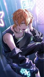  black_jacket black_pants black_tank_top blonde_hair commentary green_eyes hair_between_eyes hanada_09 hand_on_own_face hand_up highres jacket layered_clothes looking_at_viewer medium_hair multicolored_hair official_alternate_costume official_alternate_hairstyle open_mouth orange_hair pants project_sekai shinonome_akito shoes sign streaked_hair tank_top two-tone_hair zipper zozotown 