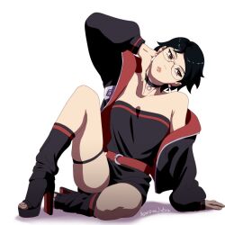  1girl adhdnojutsu artist_name belt black_hair boruto:_two_blue_vortex boruto_(series) choker earrings english_commentary glasses high_heels jacket jewelry konohagakure_symbol leg_warmers lying naruto_(series) on_side open_clothes open_jacket oversized_jacket red_belt red_hair red_trim sharingan short_hair short_shorts shorts single_off_shoulder sitting solo strapless thigh_strap tube_top uchiha_sarada uchiha_symbol 