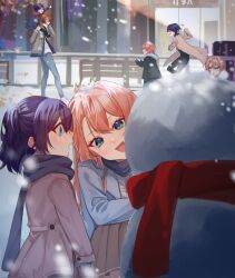  2girls 5boys ahoge alternate_costume aqua_eyes bench black_coat black_gloves black_hair black_mittens blue_eyes blunt_ends blush brown_coat brown_hair building carrying closed_eyes coat contemporary curtained_hair denim eyelashes facing_another family fur-trimmed_coat fur_trim genshin_impact gloves grey_coat grey_pants grey_scarf grey_skirt grey_sleeves hair_between_eyes highres holding holding_snowball if_they_mated jeans lapels long_sleeves looking_at_another mittens multiple_boys multiple_girls notched_lapels nozumi_yuuna_(yoontrsh) one_side_up open_mouth orange_hair original outdoors pants pink_hair pink_lips pleated_skirt purple_hair red_scarf scaramouche_(genshin_impact) scarf shaded_face shirt shoes shoulder_carry skirt snow snow_rabbit snowball snowball_fight snowing snowman tareme tartaglia_(genshin_impact) teeth tongue tree tsurime upper_teeth_only white_shirt white_shoes white_trim winter_clothes wolf_cut yoontrsh 