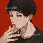  1boy black_eyes black_hair black_shirt cigarette commission fingernails highres holding holding_cigarette kagoya1219 looking_at_viewer male_focus original parted_lips portrait red_background sample_watermark shirt short_hair simple_background smoking solo watermark 