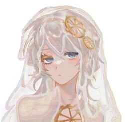  1girl alternate_hair_length_(longer) e.g.o_(project_moon) everlasting_(e.g.o) faust_(project_moon) gear_hair_ornament hair_ornament highres limbus_company lizireiko long_hair looking_at_viewer portrait project_moon simple_background solo veil very_long_hair white_background white_hair white_veil 