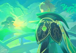  1boy ahoge alhaitham_(genshin_impact) aqua_eyes aqua_hair black_bridal_gauntlets black_shirt blue_sky branch bridal_gauntlets bridge bright_pupils cable cape closed_mouth clouds cloudy_sky day daytimooon dendro_symbol_(genshin_impact) earpiece english_commentary facing_away from_behind gem genshin_impact green_cape green_gem green_theme grey_hair highres looking_to_the_side male_focus mountain multicolored_hair ocean open_mouth outdoors railing shadow shirt short_hair sky solo streaked_hair tree vision_(genshin_impact) white_pupils 