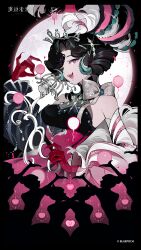  1girl absurdres anjo_nala bare_shoulders black_background black_border black_hair border chinese_commentary commentary_request copyright_name countdown detached_sleeves dress fang gloves highres logo long_hair official_alternate_costume official_art pink_dress red_gloves reverse:1999 sleeveless sleeveless_dress solo teeth upper_body upper_teeth_only violet_eyes 
