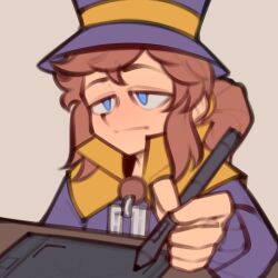  1girl :| a_hat_in_time blue_eyes brown_background brown_hair cape closed_mouth drawing_(action) drawing_tablet fujimna hair_tie half-closed_eyes hand_up hat hat_kid hat_ribbon holding holding_stylus jacket long_hair long_sleeves ponytail portrait purple_hat purple_jacket ribbon sidelocks solo stylus top_hat yellow_cape yellow_ribbon zipper_pull_tab 