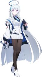  1girl absurdly_long_hair arm_at_side big_hair black_pantyhose blue_archive blue_necktie book boots breasts closed_mouth coat collared_shirt doremi_(doremi4704) dot_mouth expressionless full_body game_asset gun halo hand_up headgear high_heels highres holding holding_book holding_gun holding_weapon hwansang id_card jacket large_variant_set legs long_hair long_sleeves looking_at_viewer mechanical_halo medium_breasts miniskirt necktie noa_(blue_archive) off_shoulder official_art open_clothes open_coat pantyhose pleated_skirt pocket school_uniform shirt sidelocks simple_background skirt sleeves_past_wrists solo staccato_2011 standing tachi-e third-party_source transparent_background trigger_discipline two-sided_coat two-sided_fabric variant_set very_long_hair violet_eyes weapon white_boots white_coat white_hair white_halo white_jacket white_shirt white_skirt 