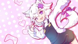  1girl :3 animal_ear_fluff animal_ears black_overalls bow cat_ears cat_girl cat_tail commentary controller drop_shadow eyelashes filian_(vtuber) game_controller hair_between_eyes hair_intakes hair_ornament heart highres indie_virtual_youtuber long_sleeves mint_(vrchat) mower_max open_mouth overall_shorts overalls purple_bow short_hair smile solo sweater tail tail_bow tail_ornament v violet_eyes virtual_youtuber white_hair white_sweater x_hair_ornament 