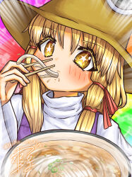  1girl artist_name blonde_hair blush bowl bright_pupils brown_hat chopsticks colored_eyelashes colorful_background commentary_request eating emphasis_lines food hair_ribbon hand_up hat highres holding holding_chopsticks long_hair long_sleeves looking_at_viewer moriya_suwako noodles portrait purple_vest raine_moriya red_ribbon ribbon shirt signature solo star-shaped_pupils star_(symbol) symbol-shaped_pupils touhou tress_ribbon turtleneck turtleneck_shirt twitter_username udon vest white_pupils white_sleeves wide_sleeves yellow_eyes 