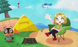  1boy 1girl aircraft airplane animal_crossing animal_crossing:_new_horizons blue_eyes camping_chair chair commentary_request crossed_legs flag folding_chair furry furry_male grass holding holding_flag open_mouth outdoors pine_tree pineapple_print seyana_(seyanaillust) shirt tent timmy_(animal_crossing) tree tree_stump villager_(animal_crossing) waving yellow_shirt 