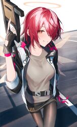  1girl absurdres angel arknights belt black_belt black_skirt blush breasts brown_pantyhose commentary_request detached_wings energy_wings exusiai_(arknights) fingerless_gloves gloves grey_shirt gun hair_over_one_eye halo highres holding holding_gun holding_weapon jacket kriss_vector medium_breasts miniskirt open_clothes open_jacket orange_eyes pantyhose r_oot red_hair shirt short_hair skirt smile submachine_gun traditional_halo weapon white_jacket wings yellow_halo 