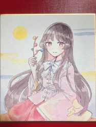  1girl black_hair bow bowtie branch closed_mouth commentary_request frilled_shirt_collar frills highres holding holding_branch houraisan_kaguya jeweled_branch_of_hourai long_hair long_sleeves mozukuzu_(manukedori) pink_shirt red_skirt shikishi shirt skirt smile solo touhou traditional_media very_long_hair watermark weibo_watermark white_bow white_bowtie 