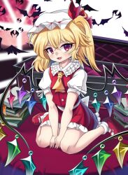  1girl ascot back_bow bat_(animal) blonde_hair book book_stack bow coffin collared_shirt commentary_request commission crystal crystal_wings doku_yanagi fangs flandre_scarlet frilled_shirt_collar frilled_skirt frills full_body hat hat_ribbon highres looking_at_viewer mary_janes mob_cap multicolored_wings one_side_up open_mouth puffy_short_sleeves puffy_sleeves red_eyes red_shoes red_skirt red_vest ribbon shirt shoes short_sleeves sitting skeb_commission skirt skirt_set smile socks solo touhou variant_set vest wariza white_bow white_hat white_shirt white_socks wings yellow_ascot 