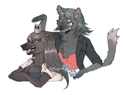  2girls animal_ear_piercing animal_ears animal_nose balancing_on_head bang_dream! bang_dream!_it's_mygo!!!!! black_fur black_hair black_jacket blue_eyes body_fur brown_fur brown_hair commentary_request crossed_arms dog_ears dog_girl dog_tail drink_carton falcorusti furrification furry furry_female highres jacket korean_commentary long_hair looking_at_another mole mole_under_eye multiple_girls open_clothes open_jacket open_mouth red_tube_top shiina_taki simple_background snout strapless tail teeth tongue tube_top violet_eyes white_background yahata_umiri 