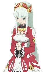  1girl artist_request blunt_bangs breasts cleavage_cutout closed_mouth clothing_cutout commentary cowboy_shot dress framed_breasts from_side game_asset gem gold_hairband green_eyes green_gem hair_ornament hairband jewelry lailah_(tales) long_hair long_sleeves looking_down medium_breasts official_art own_hands_clasped own_hands_together ponytail red_dress red_hairband sad simple_background solo standing tachi-e tales_of_(series) tales_of_zestiria third-party_source transparent_background very_long_hair white_dress white_hair wide_sleeves 