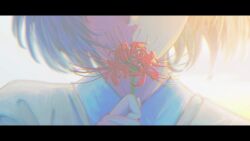  1girl bloom brown_hair check_commentary close-up collared_shirt commentary_request fantasy flower highres holding holding_flower nengoro original shirt spider_lily sweater wind wind_lift 