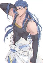  1boy black_gloves blue_hair cigarette commentary_request cowboy_shot cu_chulainn_(caster)_(fate) cu_chulainn_(fate) earrings elbow_gloves fate/grand_order fate_(series) fuyunemui gloves hair_down highres jewelry long_hair looking_at_viewer male_focus red_eyes simple_background smile smoking solo tank_top white_background 