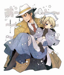 1boy 1girl blonde_hair blue_capelet blue_eyes brown_hair capelet carrying carrying_person castti_florenz coat commentary_request couple hat hetero nurse nurse_cap octopath_traveler octopath_traveler_ii partitio_yellowil princess_carry satsuki_(chaosmode) short_hair simple_background smile yellow_coat 