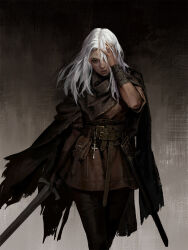 1girl arm_guards belt belt_buckle belt_pouch black_pants brown_belt brown_cape brown_tunic buckle cape covering_one_eye cross dongho_kang eyelashes fantasy feet_out_of_frame gradient_background grey_background grey_eyes hair_between_eyes hair_over_one_eye half-closed_eye hand_in_own_hair hand_on_own_face hand_up highres holding holding_sword holding_weapon lips long_hair looking_at_viewer multiple_belts nose original pants parted_lips pouch realistic scabbard sheath simple_background solo sword third-party_source tunic unsheathed weapon white_hair 
