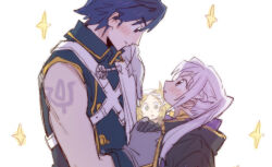  1boy 2girls 79x_(ox79xo) black_robe blonde_hair blue_eyes blue_hair braid brand_of_the_exalt chrom_(fire_emblem) female_robin_(fire_emblem) fire_emblem fire_emblem_awakening from_side green_eyes hetero holding_hands hooded_robe lissa_(fire_emblem) looking_at_another looking_down looking_up multiple_girls robe short_hair simple_background sparkle twintails white_background white_hair 