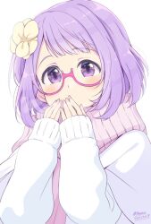  1girl aikatsu!_(series) aikatsu_stars! breath covered_mouth flower glasses hair_flower hair_ornament hands_up long_sleeves looking_at_viewer nanakura_koharu pink-framed_eyewear pink_scarf purple_hair scarf semi-rimless_eyewear short_hair simple_background solo sweater under-rim_eyewear upper_body violet_eyes wara_(warapro) warming_hands white_background white_sweater 