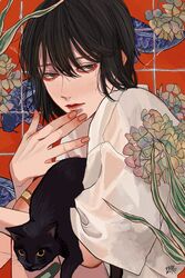  1boy animal animal_print bandaid bandaid_on_knee bandaid_on_leg bishounen black_cat black_hair cat closed_mouth fingernails fish fish_print from_side grey_eyes hair_between_eyes hand_up highres holding holding_animal holding_cat kagoya1219 knees_up looking_at_viewer looking_to_the_side male_focus medium_hair original oversized_clothes oversized_shirt plant red_background shirt short_sleeves signature sitting solo t-shirt tile_wall tiles white_shirt 