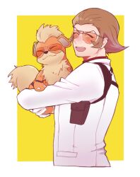  1boy ace_attorney ayataka_(tmtayata) bobby_fulbright border brown_hair closed_eyes commentary_request cropped_torso crossover glasses growlithe happy holding holding_pokemon holster jacket male_focus open_mouth phoenix_wright:_ace_attorney_-_dual_destinies pokemon pokemon_(creature) short_hair white_border white_jacket yellow_background 