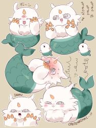  1other anoko_(chiikawa) blush chibikemo chiikawa claws commentary_request double_v fins furry highres horns mermaid_(chiikawa) multiple_views pipapo0219 simple_background single_horn translation_request v yellow_background 