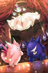  abandoned artist_name ascot ballroom beauty_and_the_beast_(disney) blue_fire bowing clefable commentary curtains cutlery english_commentary fire floating floating_object gengar halloween hitodama litwick marinejelly napkin no_humans parody pokemon pokemon_(creature) pokemon_focus polteageist singing sinistea table tablecloth tea_set tile_floor tiles torn_curtains 