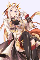  1girl ahoge animal_ears ascot black_ascot black_thighhighs blue_eyes blush breasts closed_mouth coat colored_bangs ear_covers gem green_gem highres horse_ears horse_girl horse_tail jacket long_hair long_sleeves looking_at_viewer matyanatto medium_breasts multicolored_hair orange_hair orfevre_(control)_(umamusume) orfevre_(umamusume) simple_background single_ear_cover skirt solo tail thigh-highs two-tone_hair umamusume white_coat white_hair 