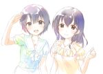  2girls arm_up black_eyes black_hair blush brown_eyes collared_dress dress frilled_shirt frills fujiwara_hajime green_dress idolmaster idolmaster_cinderella_girls jewelry kawaseki long_hair looking_at_viewer multiple_girls necklace open_mouth otokura_yuuki shirt short_hair sketch smile upper_body white_background yellow_shirt 