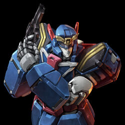  black_background closed_mouth commentary_request covered_eyes deckerd from_above gun handgun hat hat_over_eyes holding holding_gun holding_weapon mecha mecha_focus no_humans own_hands_together police police_hat revolver robot simple_background solo standing super_robot taedu upper_body weapon yuusha_keisatsu_j-decker yuusha_series 