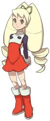 1girl arms_behind_back bad_id blonde_hair boots bow cosplay dress drill_hair green_bow green_eyes hair_bow heriyama joints long_hair looking_at_viewer luna_platz_(mega_man) mega_man_(classic) mega_man_(series) mega_man_star_force_(series) red_boots red_dress robot_joints roll_(mega_man) roll_(mega_man)_(cosplay) smile twin_drills very_long_hair 