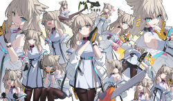 1girl absurdres animal_ears arknights arknights:_endfield backless_dress backless_outfit bird_ears black_gloves black_pantyhose black_shorts blue_eyes breasts bucket_of_chicken chainsaw chinese_commentary commentary_request dress eating food fortnite gloves grey_hair grey_jacket helldivers_(series) highres holding holding_chainsaw holding_food jacket md5_mismatch medium_breasts medium_hair meme multiple_views pantyhose paypal_me_$30000_(meme) perlica_(arknights) qys3 shaded_face shorts simple_background taking_picture two-sided_gloves white_background white_dress yellow_pupils 