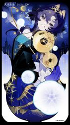  1girl absurdres arm_up black_border blonde_hair blue_dress blue_eyes blue_gloves blue_hair border chinese_commentary colored_inner_hair commentary_request copyright_name countdown dress elbow_gloves gloves grin hair_intakes highres holding holding_instrument holding_violin instrument logo long_hair looking_at_viewer multicolored_hair official_alternate_costume official_art reverse:1999 sleeveless sleeveless_dress smile solo upper_body violin voyager_(reverse:1999) 