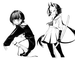  2girls absurdres astrae_oratio bags_under_eyes blood blood_on_face commentary cropped_legs dried_blood ear_piercing english_commentary fishnet_socks fishnets fox_mask frze18 gloves greyscale haibara_nono hair_ornament hair_ribbon hairclip highres holding holding_sword holding_weapon leg_warmers long_hair long_sleeves looking_at_viewer mask monochrome multiple_girls nagatani_kanon neckerchief nosebleed pantyhose piercing ribbon ringed_eyes sailor_collar school_uniform serafuku shirt_tucked_in shoes short_hair shorts simple_background skirt sleeves_past_wrists socks squatting sweat sword tassel thigh_strap tiptoes torn_clothes very_long_hair weapon white_background 