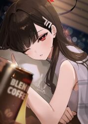 1girl absurdres black_hair black_halo blue_archive bright_pupils coffee commentary_request hair_behind_ear hair_ornament halo head_on_pillow highres long_hair looking_at_viewer lying millennium_science_school_logo multicolored_halo on_stomach one_eye_closed pillow red_eyes rio_(blue_archive) shirt sleeveless sleeveless_shirt solo two-tone_halo under_covers white_pupils window wony_(wonywmm) 