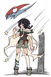  1girl black_hair black_shirt cape closed_mouth grey_shorts hand_up highres looking_to_the_side medium_hair motion_lines open-toe_boots pokemon pokemon_(creature) pokemon_omega_ruby_and_alpha_sapphire rope_belt salamence shirt shorts sleeveless sleeveless_shirt standing thigh-highs tower white_background xlii_idk zinnia_(pokemon) 