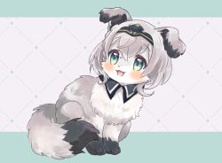  :d animal animal_focus animal_with_hair animalization blush cat commentary_request detached_collar full_body green_eyes grey_cat grey_hair hairband hololive nako_(user_wnnm5534) no_humans open_mouth shirogane_noel short_hair smile solo 