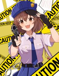  1girl absurdres adjusting_clothes adjusting_headwear aiming aiming_at_viewer belt black_belt black_gloves blue_hat blue_necktie blue_skirt blush brown_eyes brown_hair commentary_request cuffs fingerless_gloves gloves gun handcuffs handgun hat highres holding holding_gun holding_weapon idolmaster idolmaster_cinderella_girls keep_out kita_hinako looking_at_viewer necktie open_mouth police police_hat police_uniform policewoman reddoll6 rope shirt short_hair short_sleeves skirt solo spoken_blush sweatdrop weapon whistle white_shirt 