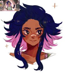  1girl anime_screenshot_inset bandaid bandaid_on_face bandaid_on_nose blue_hair buck_teeth closed_mouth commentary electro_andes highres kiwi_(electro_andes) mayuswan multicolored_hair pink_hair reference_inset screenshot_inset simple_background solo teeth two-tone_hair 